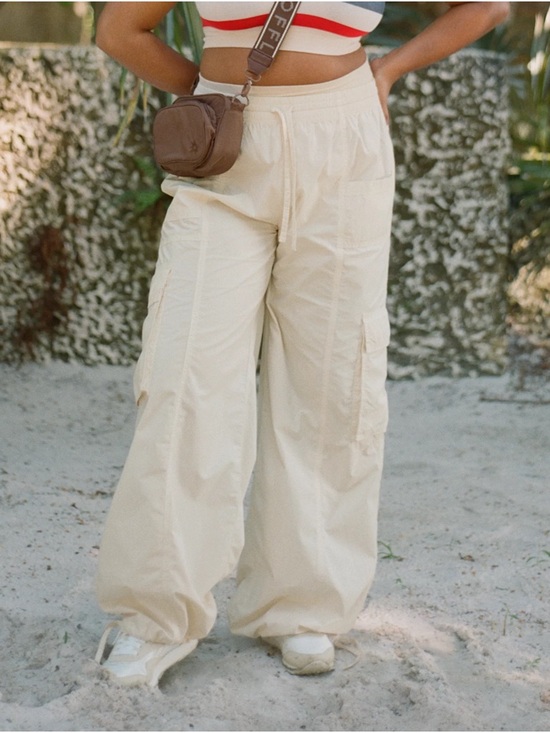 aerie Pants - aerie Cream Wide-Leg Cargo Pants with Drawstring Waist